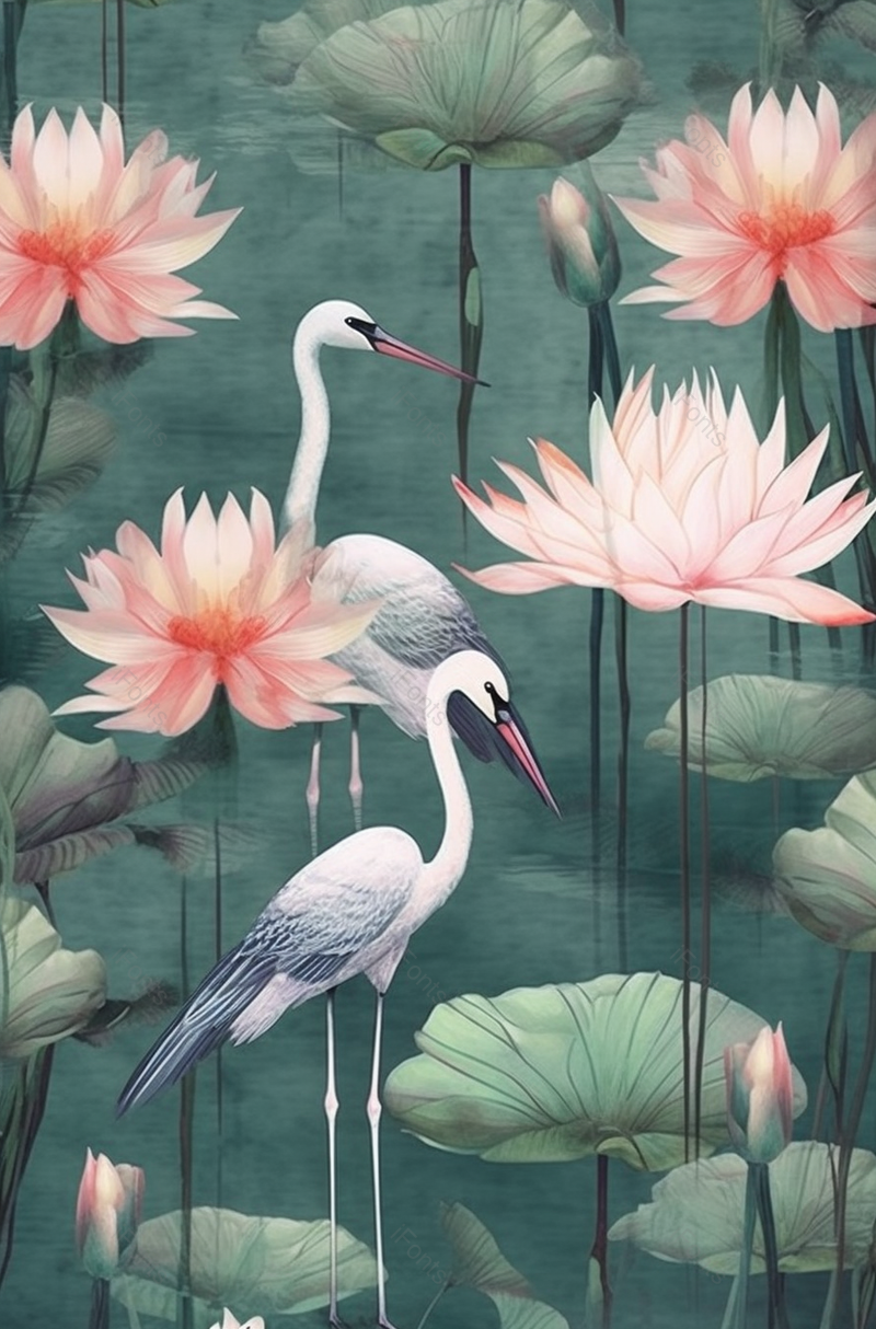 蓝绿色白鹤荷塘插画背景,插画/手绘图,插画/手绘图库,插画/手绘图下载,插画/手绘